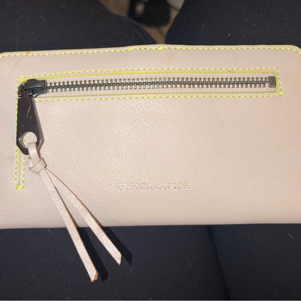 NWOT Rebecca Minkoff light gray Leather Wristlet with Neon Trim
